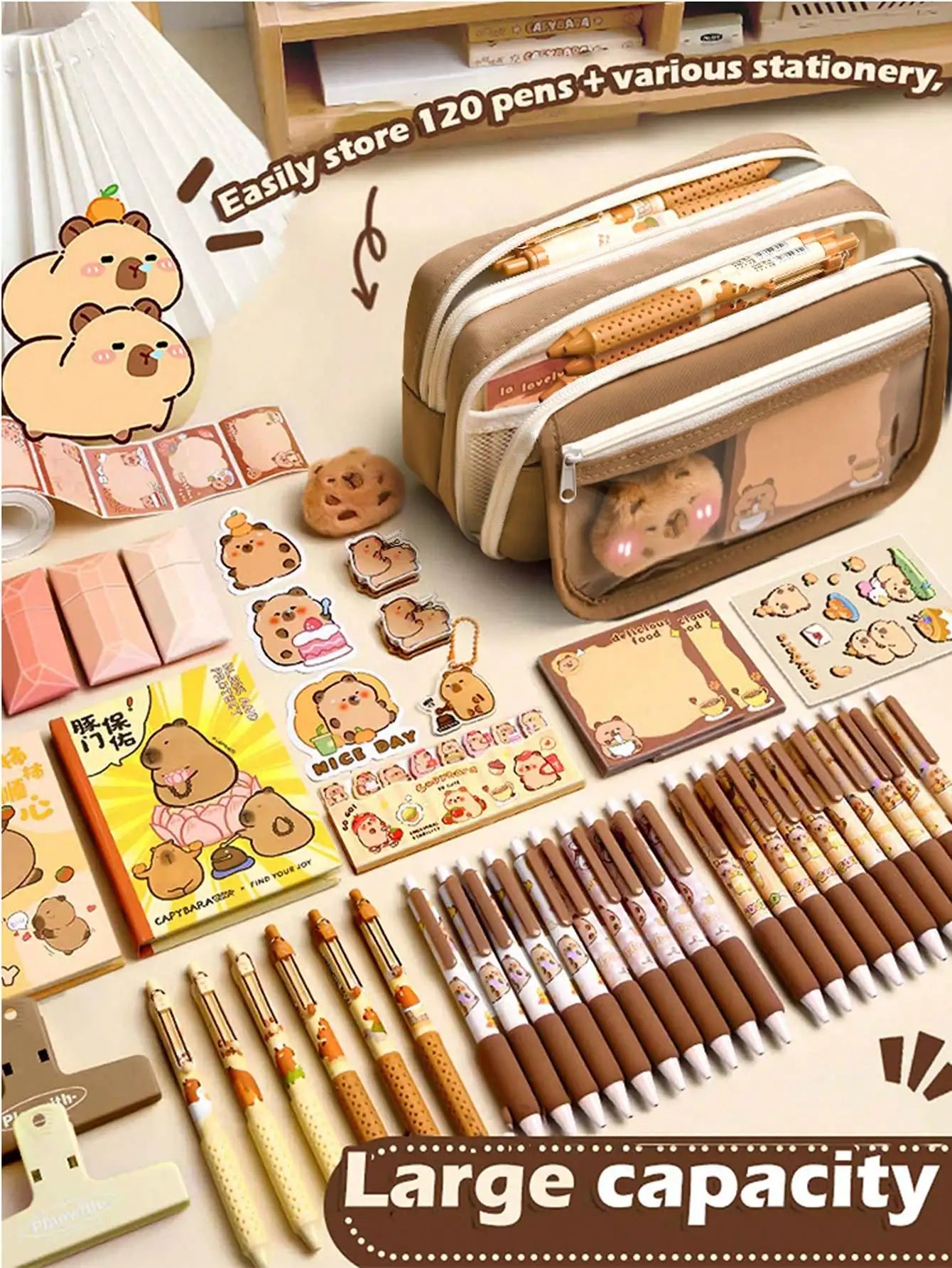 Large Capacity Flip-Cover Capybara Pencil Case – Portable Zippered Stationery Organizer Bag for School & Office Supplies