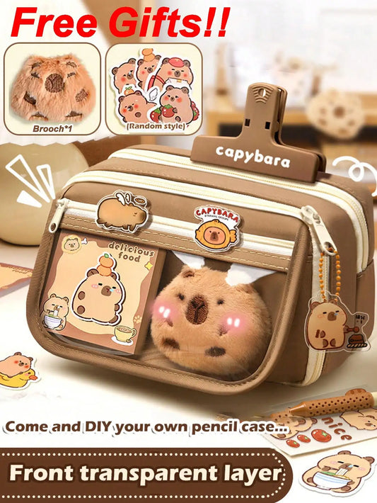 Large Capacity Flip-Cover Capybara Pencil Case – Portable Zippered Stationery Organizer Bag for School & Office Supplies
