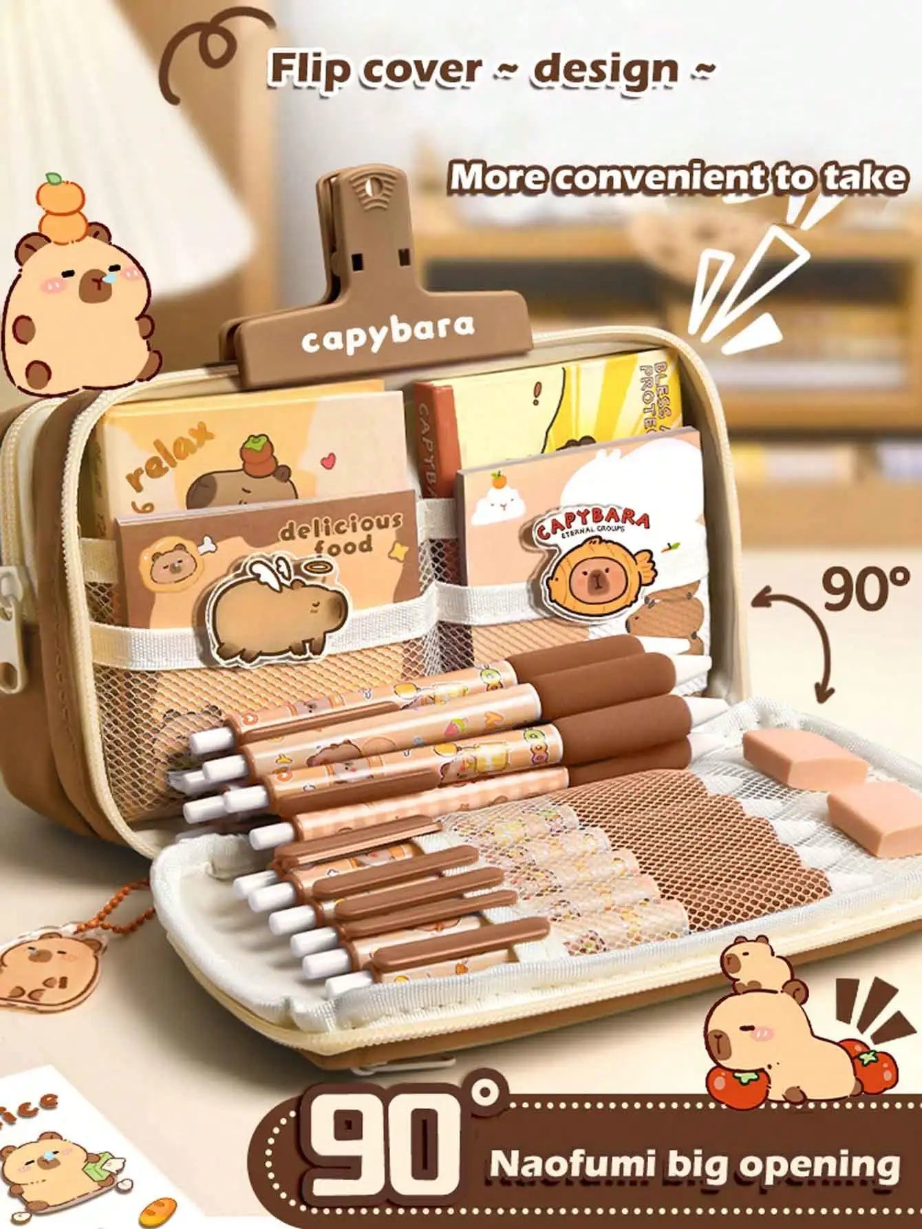 Large Capacity Flip-Cover Capybara Pencil Case – Portable Zippered Stationery Organizer Bag for School & Office Supplies